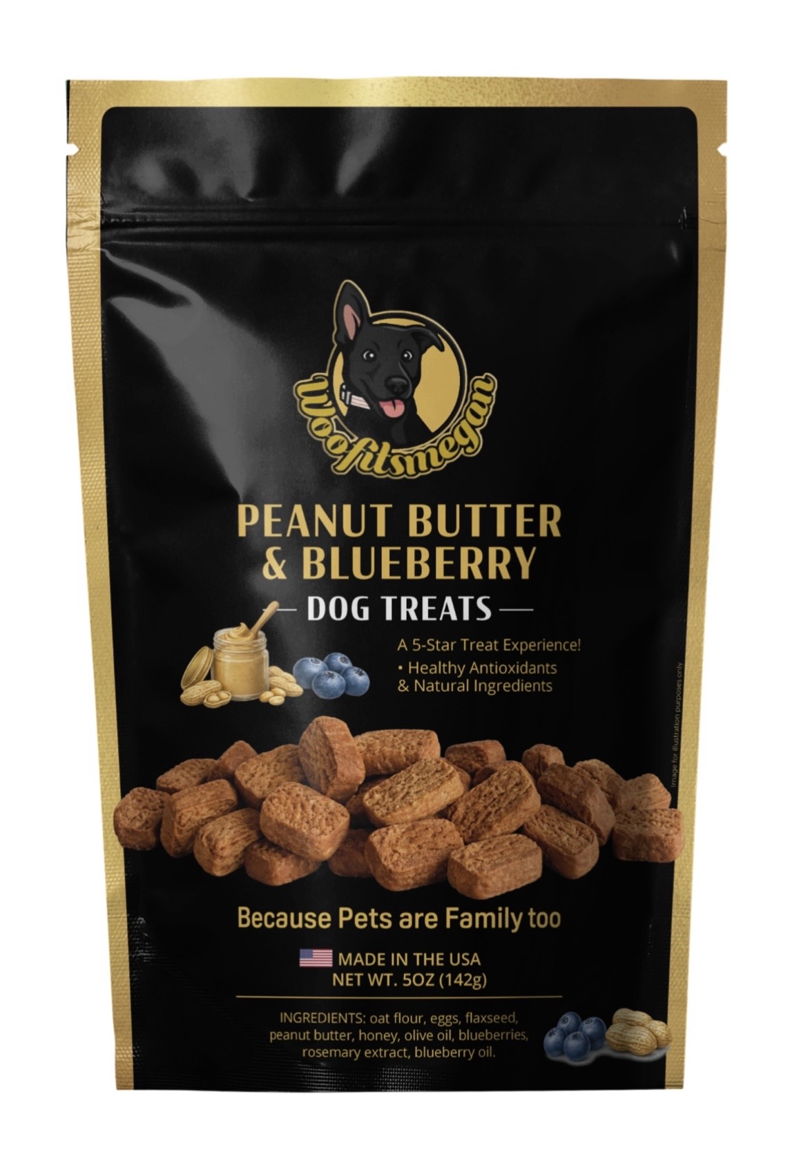 Bag of peanut butter and blueberry dog treats.