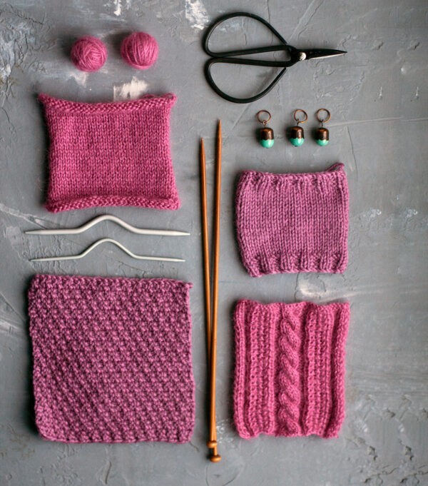 Pink knitting samples with tools