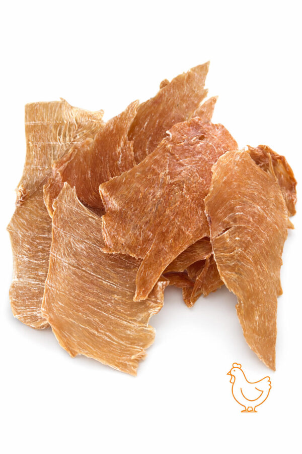 Thin slices of dried fish jerky on a white background.