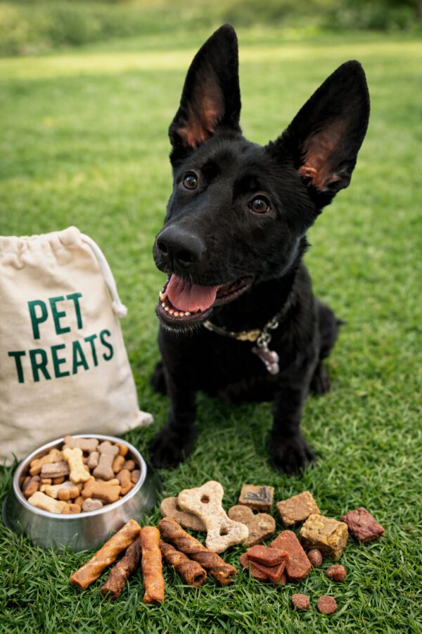 Happy black dog near a bag of pet treats on grass.