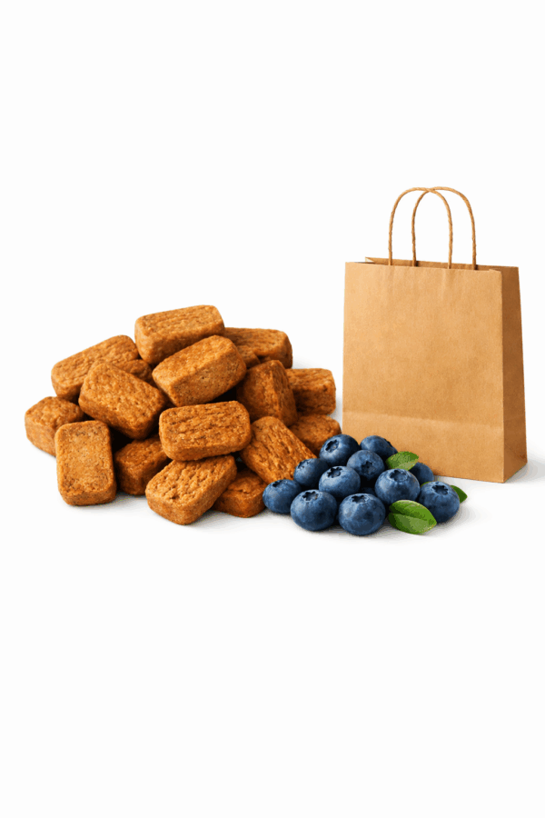 Blueberries, brown sugar cubes, and a brown paper bag.